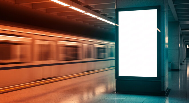 Blank vertical digital billboard mockup on a subway platform with a blurred, fast-moving train in the background