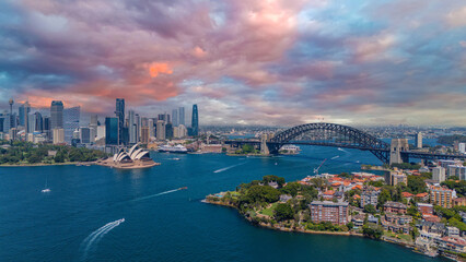 Obraz premium 5 February 2026 Aerial View of Sydney Harbour Circular Quay cruise Liner on a nice Summer day beautiful Sky in Sydney NSW Australia