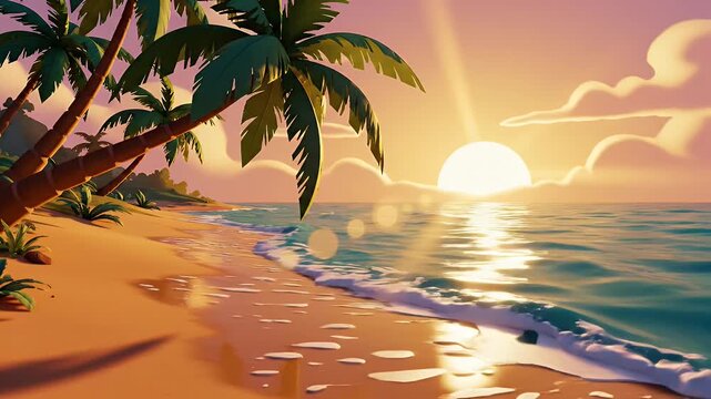 Stylized tropical beach with palm trees at golden sunset