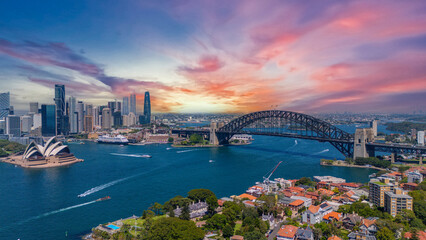 Fototapeta premium 5 February 2026 Aerial View of Sydney Harbour Circular Quay cruise Liner on a nice Summer day beautiful Sky in Sydney NSW Australia