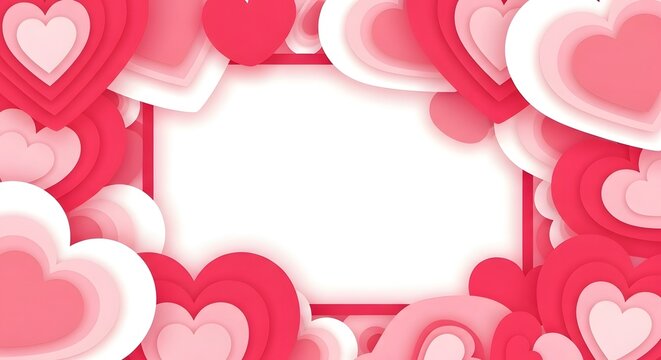 Valentine's day background with a multitude of pink and red paper cut hearts in various sizes framing a rectangular white copy space