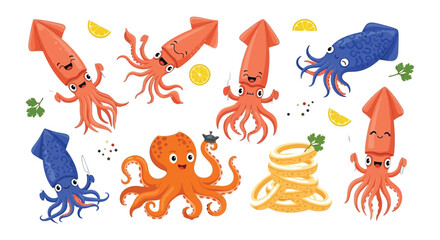 Cartoon squids and octopus with lemon slices and seaweed elements © MdNirob