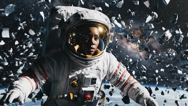 Astronaut Floating Near Exploded Satellite Debris Over Earth