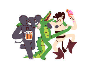 Fototapeta premium Group of happy friends with cocktails and beer celebrates holiday. Cute drunk animals dance at the party together. Characters have fun, greeting. Flat isolated vector illustration on white background