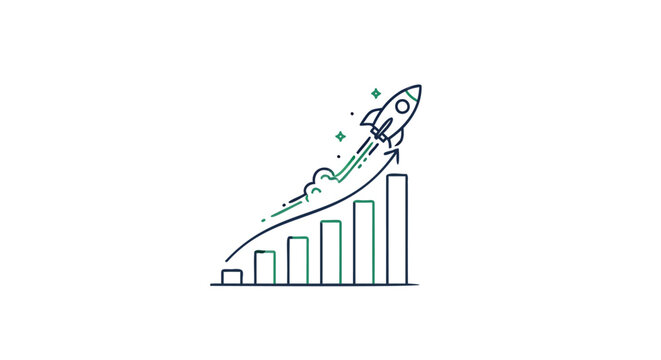 Vector line art rocket ship launching from bar chart graph, success and growth concept, for business or marketing presentation, Isolated on transparent background, png