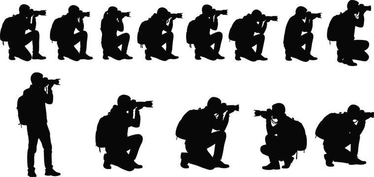 Silhouettes of professional photographers with cameras and backpacks in various shooting poses, cameramen kneeling and standing to take pictures, isolated vector set