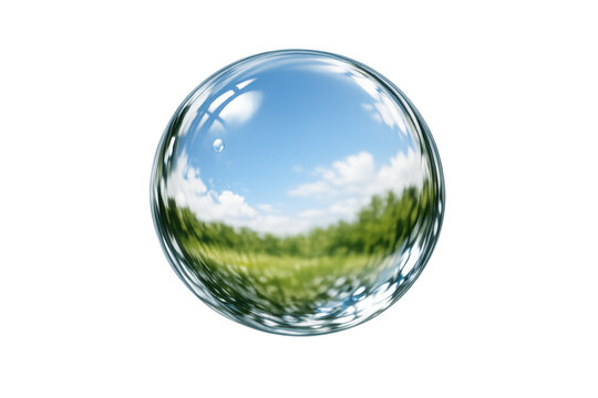 Water drop reflecting blue sky, white clouds, and green field, showing nature's perspective, transparent background