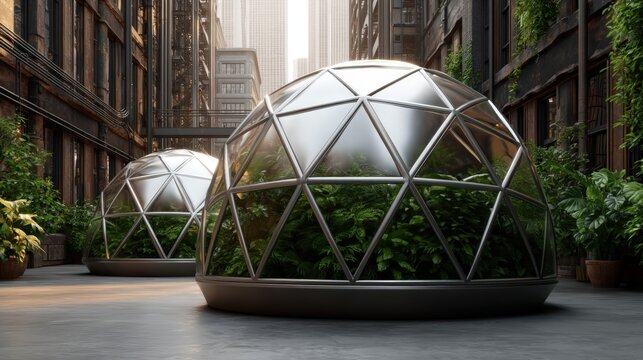 Two modern geodesic domes filled with lush greenery stand in an urban setting, surrounded by tall buildings and a clean, paved pathway.