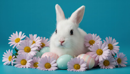 Cute white rabbit surrounded by pastel colored Easter eggs and pink daisies creates cheerful spring scene