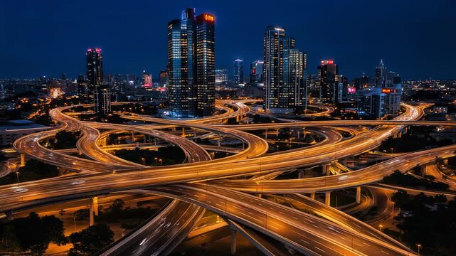 Aerial view of illuminated multilayer highway interchange with city skyline at night showcasing urban traffic and modern architecture