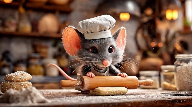 Animated mouse in chef hat baking