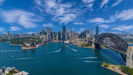 Fototapeta premium 5 February 2026 Aerial View of Sydney Harbour Circular Quay cruise Liner on a nice Summer day beautiful Sky in Sydney NSW Australia