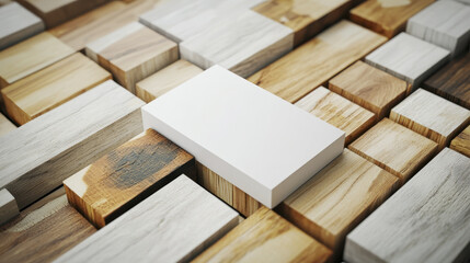 Fototapeta premium Mockup of business card placed textured wooden surface, showcasing various wood patterns and colors. design evokes creativity