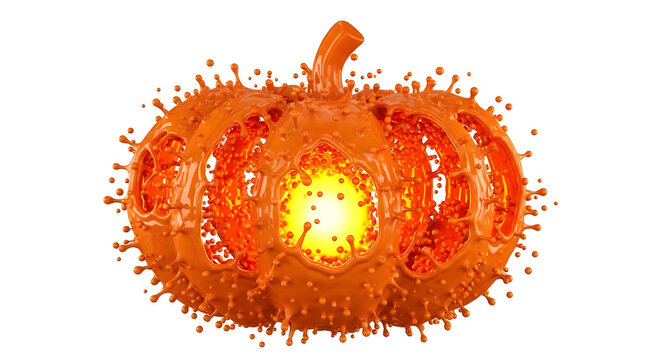 Vibrant orange liquid pumpkin sculpture bursting with dynamic energy and glowing light, an abstract seasonal design perfect for autumn celebrations, Halloween branding, and festive marketing