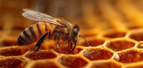 The Bee on Honeycomb Close Up with Golden Light and Detailed Texture