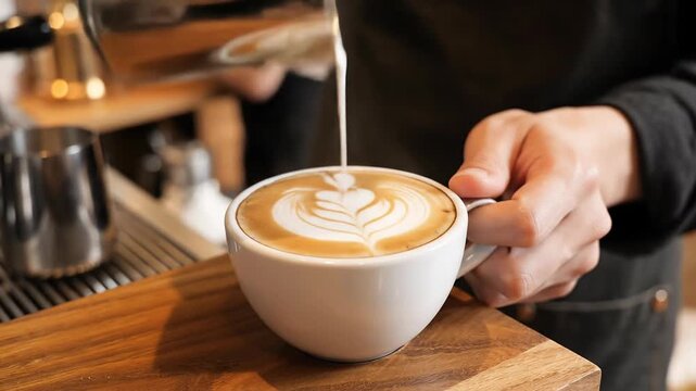 Barista pouring latte art into a coffee cup, close-up shot