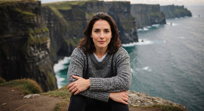 Pensive woman in a textured salt-and-pepper knit sweater sitting on the rugged ridge of the Cliffs of Moher with soft focus Atlantic coastal landscape