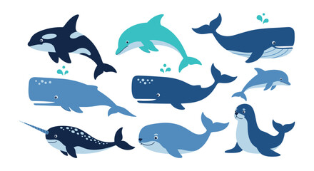 A collection of cartoon whales and dolphins swimming in blue hues © MdNirob