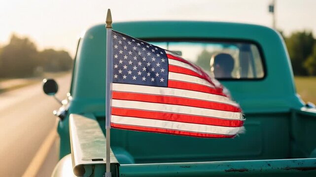 Aged American flag waving on teal vintage truck driving on rural road