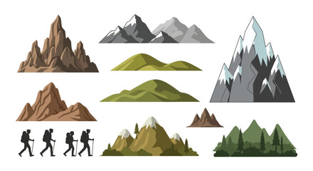 Collection of mountain illustrations with hikers and varied terrain © MdNirob