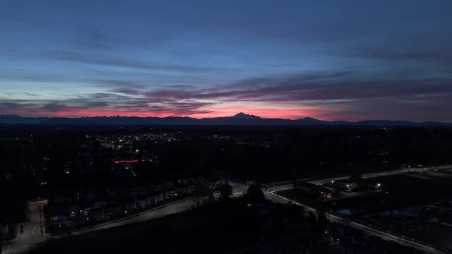 Road Intersections At Sunset In Carvolth In Langley, British Columbia, Canada. Aerial Drone Shot