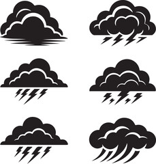 Black cloud weather icons with lightning and rain on white background