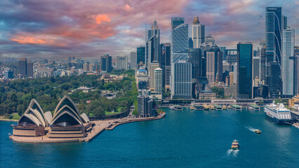 Obraz premium 5 February 2026 Aerial View of Sydney Harbour Circular Quay cruise Liner on a nice Summer day beautiful Sky in Sydney NSW Australia