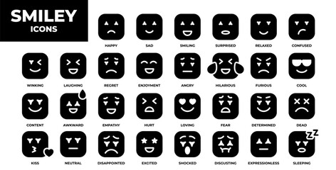 Smiley icon set glyph. Containing happy, sad, smiling, surprised, angry, relaxed, confused, laughing, excited, disappointed and shocked emoticon icons. Emoji icon collection. Vector illustration.