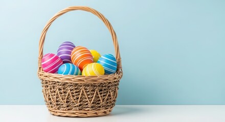 A wicker basket filled with colorful easter eggs on a white surface.
