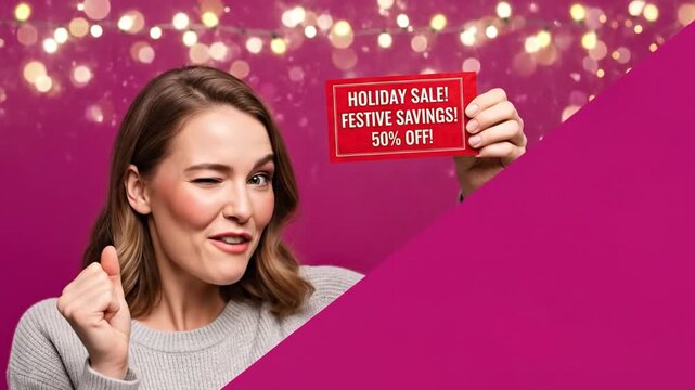 Woman Holding Red Sale Voucher Magenta Studio Backdrop - Valentines Day