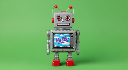 Naklejka premium Retro tin robot with a screen displaying 'Hello', vintage toy, communication and technology.