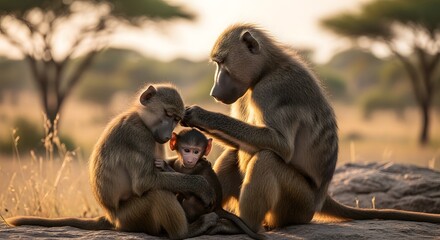 Obraz premium Baboon Family Grooming and Bonding in African Savanna at Sunset