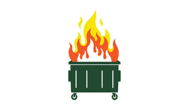 A green dumpster on fire with flames rising from the top