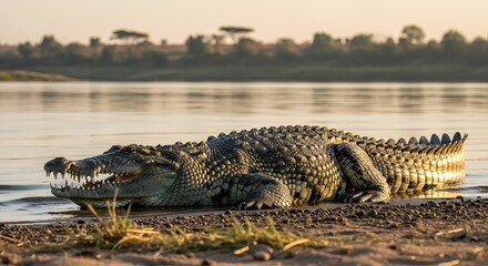 Fototapeta premium Massive Crocodile Resting by the Water Edge at Sunset