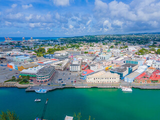 Bridgetown historic city center aerial view including Careenage (Constitution River), Bridgetown, Barbados. Historic Bridgetown and its Garrison is a UNESCO World Heritage Site since 2011. © Wangkun Jia