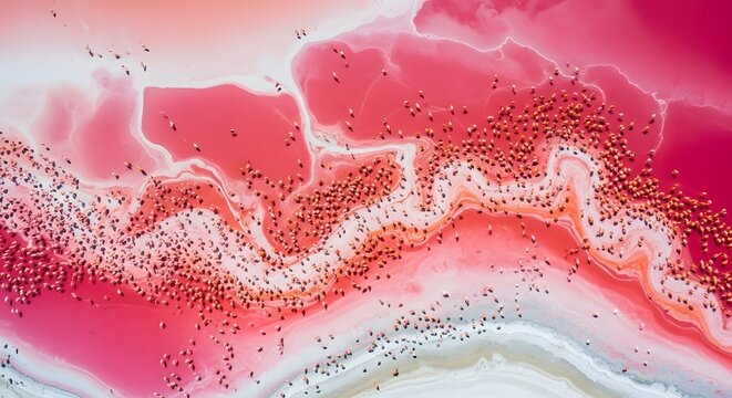 Top View Abstract Pattern of Flamingos Wading in Crimson Water