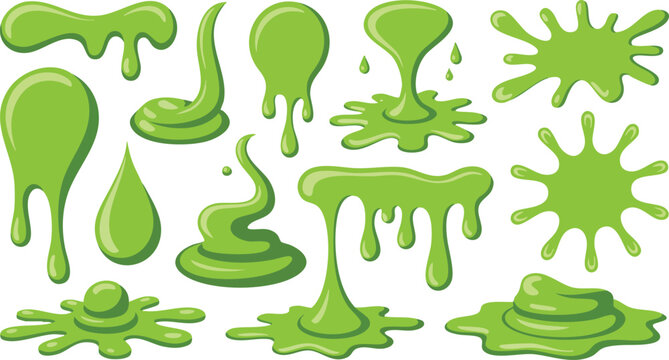 Green Slime and Liquid Goo Splatter Collection, Monochrome Lime Green Drip and Splat Icon Set, Stylized Toxic Waste and Radioactive Ooze Illustrations, Playful Cartoon Slime Puddle and Drop Vector.
