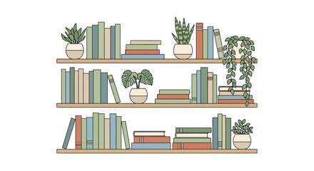 Illustration of bookshelves with plants and books in minimalist style © Nandar