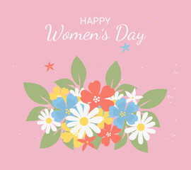 A Women's Day card featuring flowers and leaves. A spring banner with plants for March 8th. A vector template with flat floral motifs.