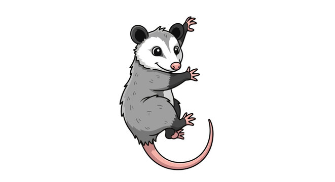 Cartoon opossum character on white background in playful pose