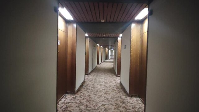 Moving forward through a never-ending hotel hallway with retro design elements. Closed doors line both sides, creating a surreal, laminar, and hypnotic space.