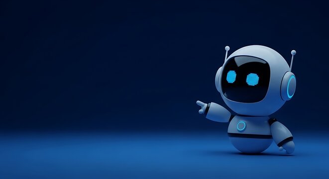 Small cute robot pointing with its finger on a dark blue background, ideal for themes of AI, technology, and futuristic concepts.