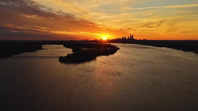 Aerial Timelapse of Sunset on the Delaware River Philadelphia
