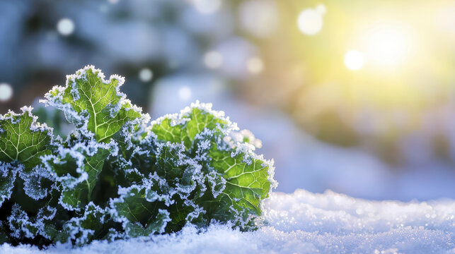 Frost covered kale glistens in sunlight, creating serene winter scene filled with beauty and tranquility