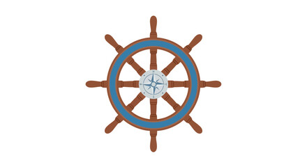 Nautical ship wheel with compass on white background