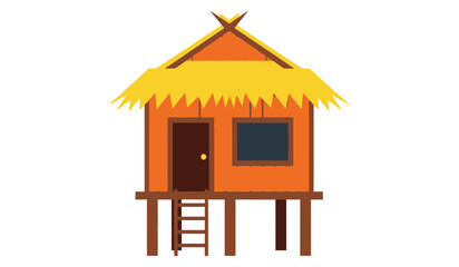 A colorful cartoon illustration of a hut on stilts with a thatched roof and a ladder leading to the door