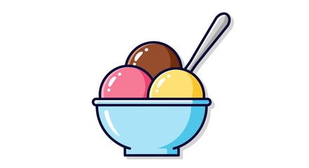 Colorful ice cream scoops in a blue bowl with a spoon