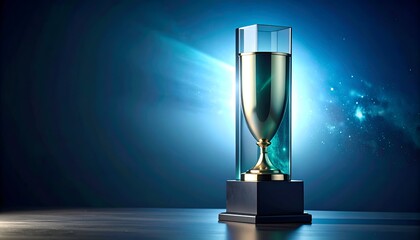Award statue gold cup in clear cube against blue light, space backdrop