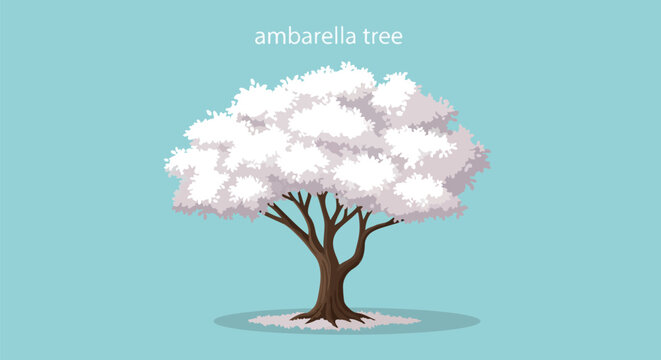 A beautifully stylized ambarella tree illustration showcasing pristine white blossoms against a tranquil sky blue background perfect for nature
