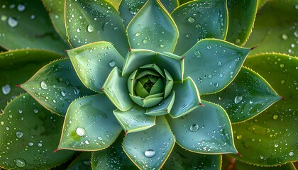 Dew-kissed green succulent with symmetrical, radiating leaves in close-up view